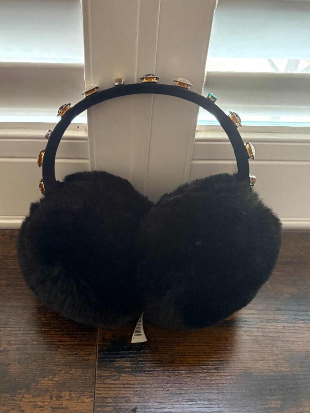 🛍️ Velvet Crystal Embellished Faux Fur Earmuffs Black Multi-Gem